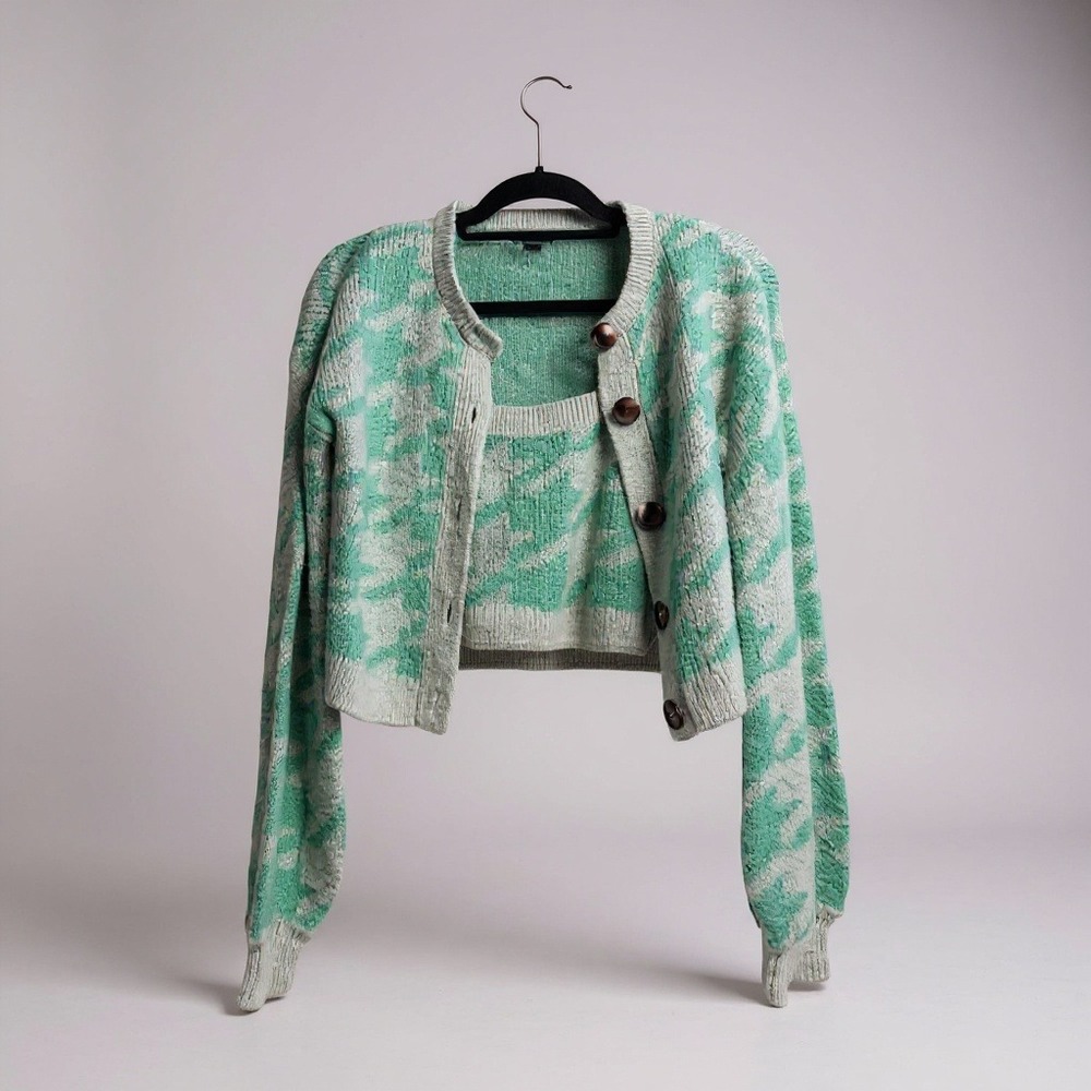 Wild Fable Houndstooth Knit Crop Cardigan Tank Set Teal Mint Women M